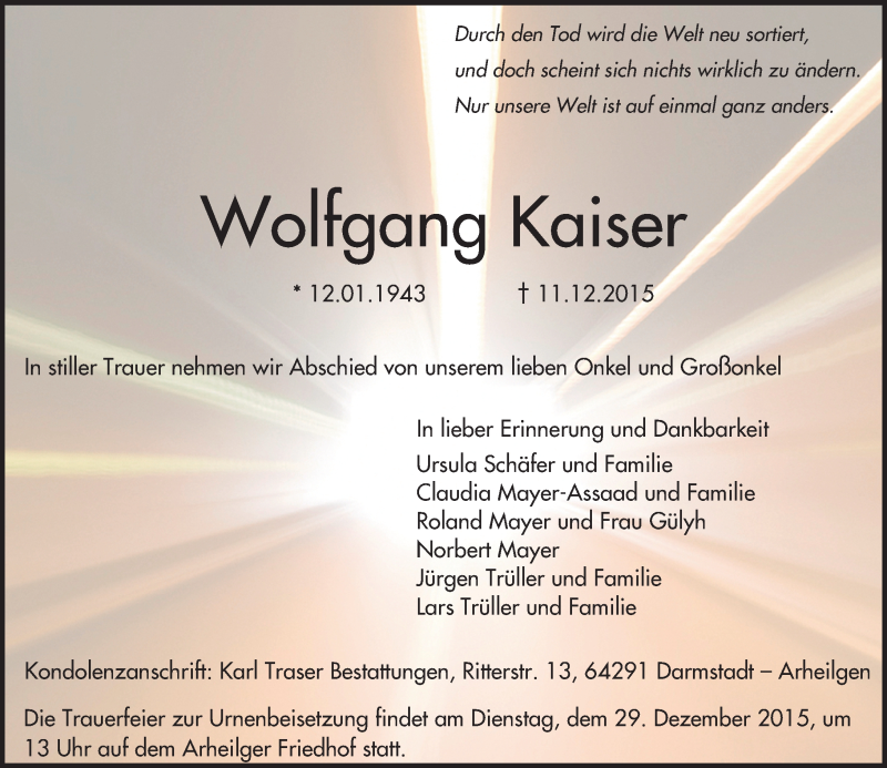  Traueranzeige für Wolfgang Kaiser vom 23.12.2015 aus trauer.echo-online.de