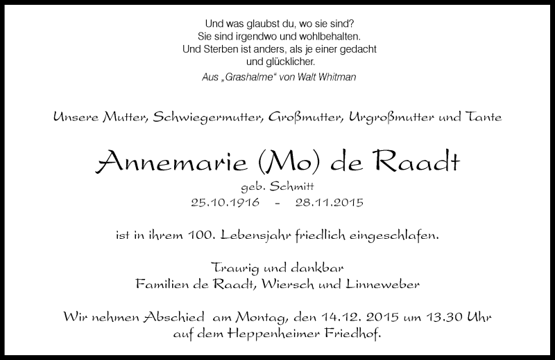  Traueranzeige für Annemarie de Raadt vom 09.12.2015 aus trauer.echo-online.de