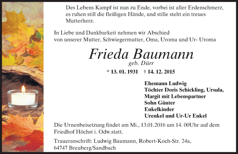  Traueranzeige für Frieda Baumann vom 19.12.2015 aus trauer.echo-online.de