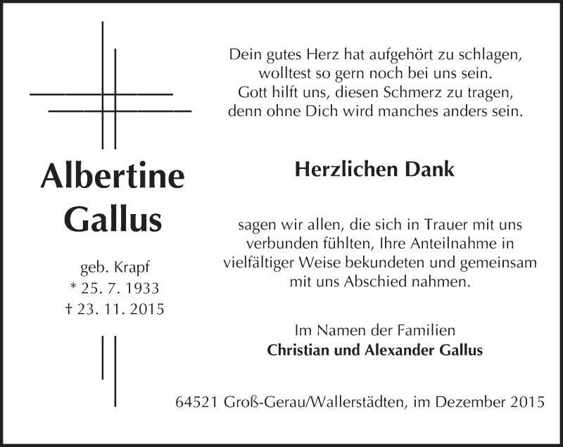  Traueranzeige für Albertine Gallus vom 12.12.2015 aus trauer.echo-online.de