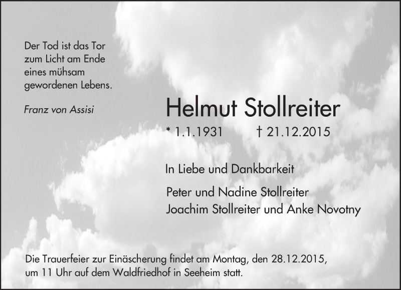  Traueranzeige für Helmut Stollreiter vom 29.12.2015 aus Darmstädter Echo