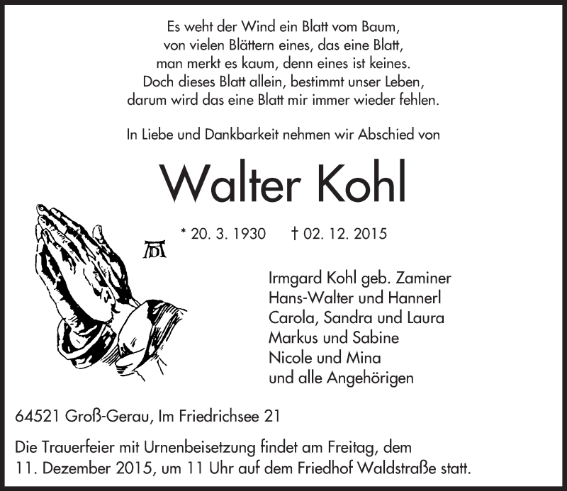  Traueranzeige für Walter Kohl vom 07.12.2015 aus trauer.echo-online.de