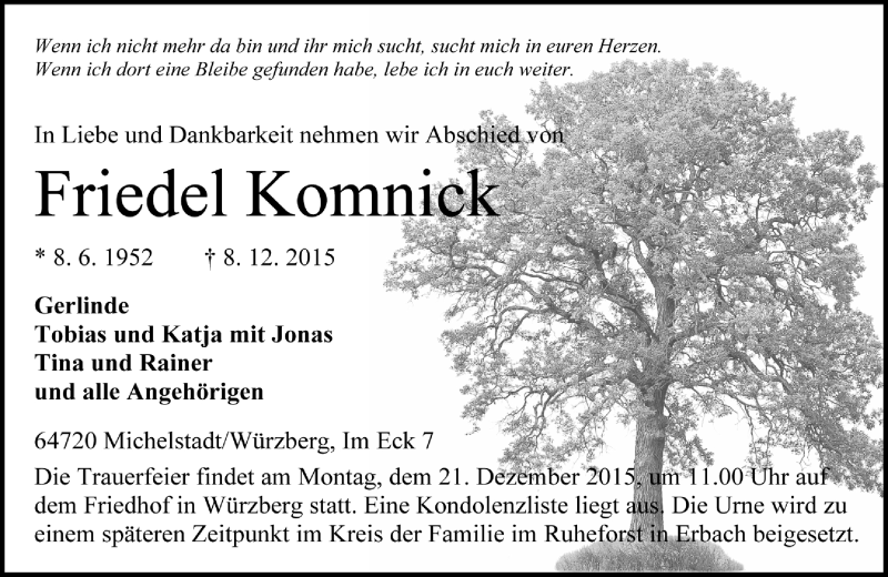  Traueranzeige für Friedel Komnick vom 12.12.2015 aus Darmstädter Echo