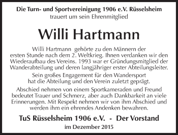 Traueranzeige von Willi Hartmann von trauer.echo-online.de