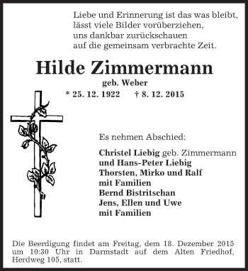 Traueranzeige von Hilde Zimmermann von trauer.echo-online.de