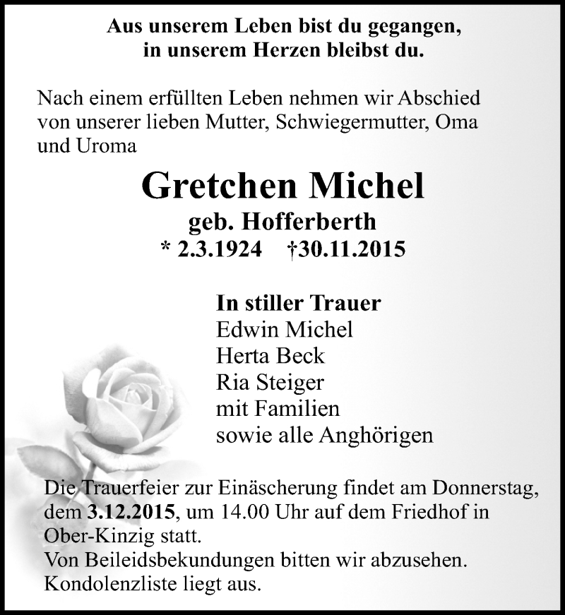  Traueranzeige für Michel Gretchen vom 01.12.2015 aus trauer.echo-online.de