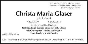 Traueranzeige von Christa Maria Glaser von trauer.echo-online.de