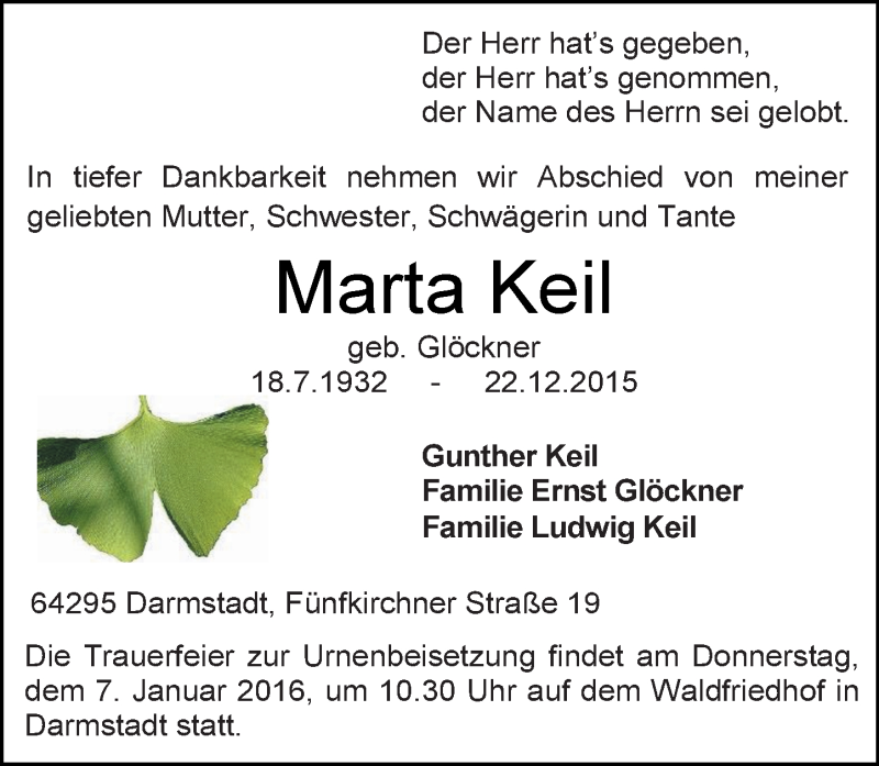  Traueranzeige für Marta Keil vom 24.12.2015 aus trauer.echo-online.de