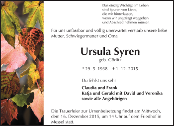 Traueranzeige von Ursula Syren von trauer.echo-online.de