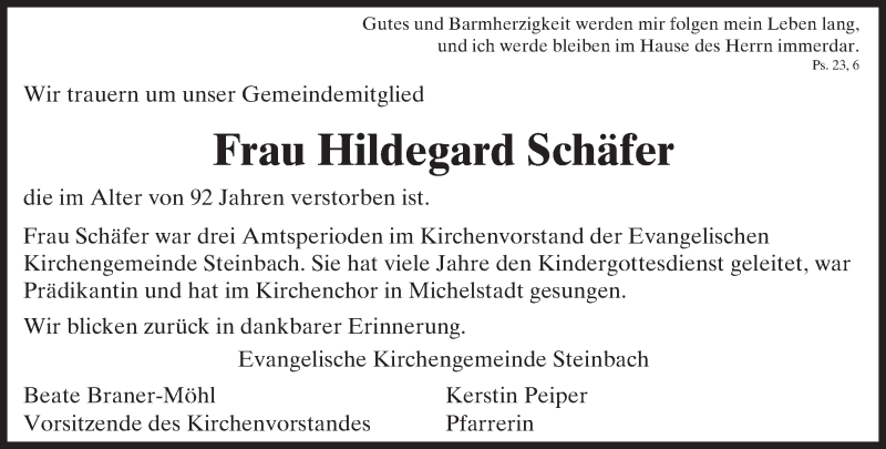  Traueranzeige für Hildegard Schäfer vom 07.12.2015 aus trauer.echo-online.de