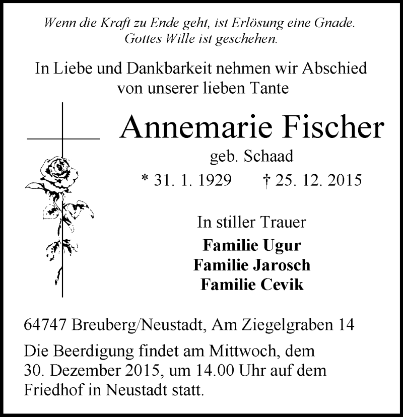 Traueranzeige für Annemarie Fischer vom 29.12.2015 aus trauer.echo-online.de