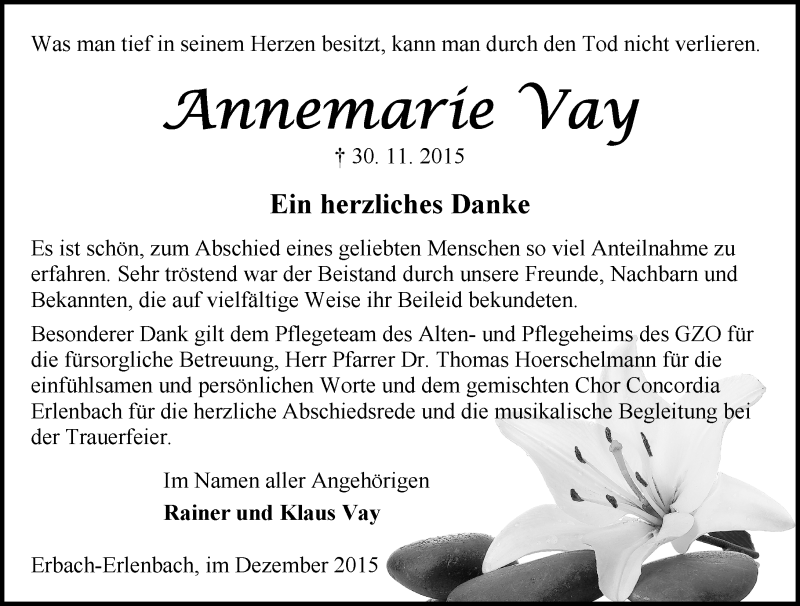  Traueranzeige für Annemarie Vay vom 19.12.2015 aus trauer.echo-online.de