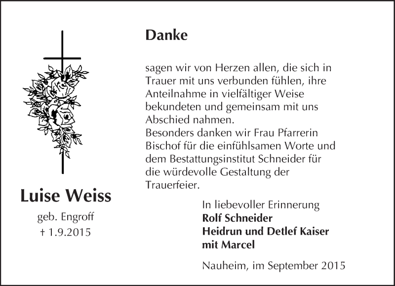  Traueranzeige für Luise Weiss vom 26.09.2015 aus trauer.echo-online.de
