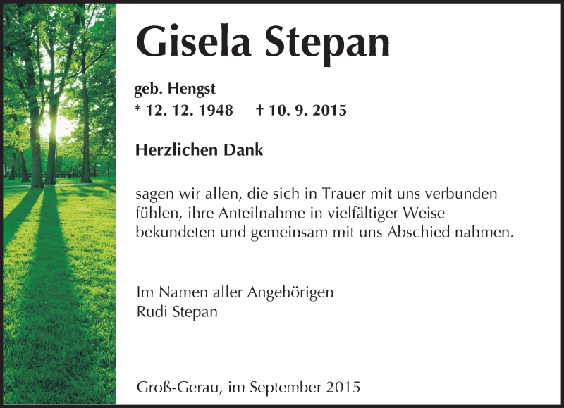  Traueranzeige für Gisela Stepan vom 26.09.2015 aus trauer.echo-online.de