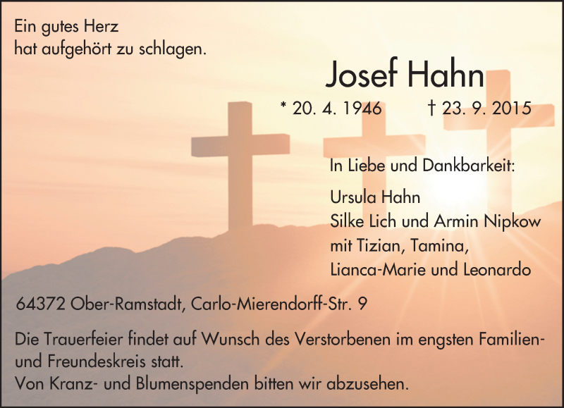  Traueranzeige für Josef Hahn vom 26.09.2015 aus trauer.echo-online.de