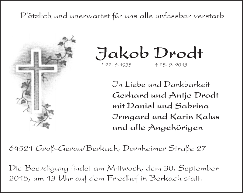  Traueranzeige für Jakob Drodt vom 29.09.2015 aus trauer.echo-online.de
