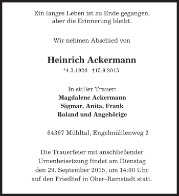 Traueranzeige von Heinrich Ackermann von trauer.echo-online.de