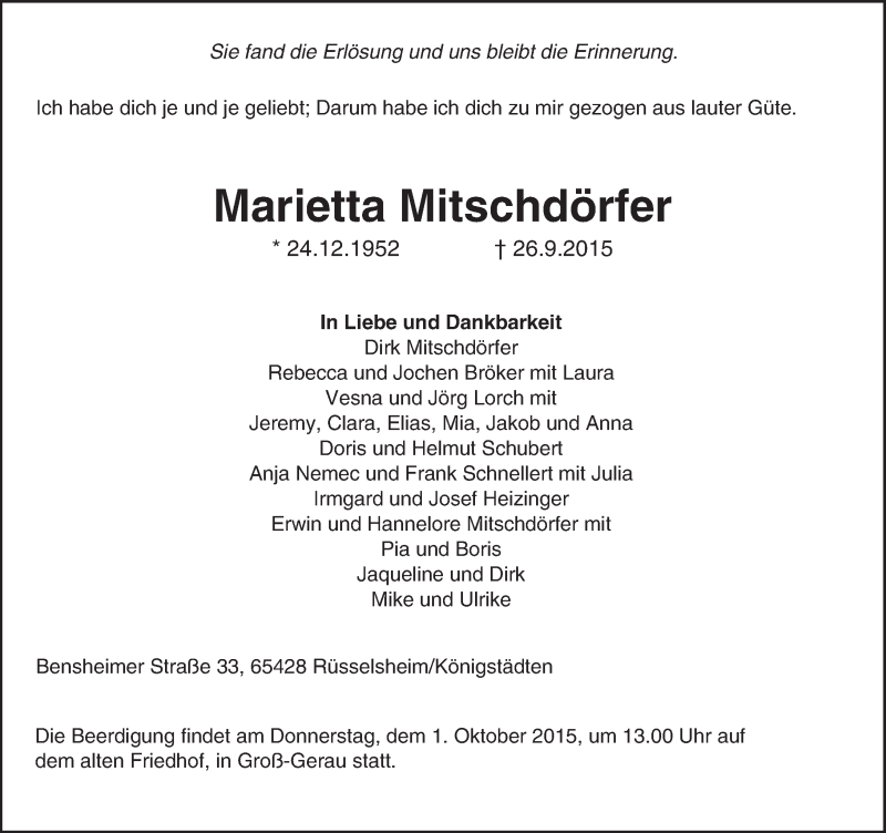  Traueranzeige für Marietta Mitschdörfer vom 29.09.2015 aus trauer.echo-online.de