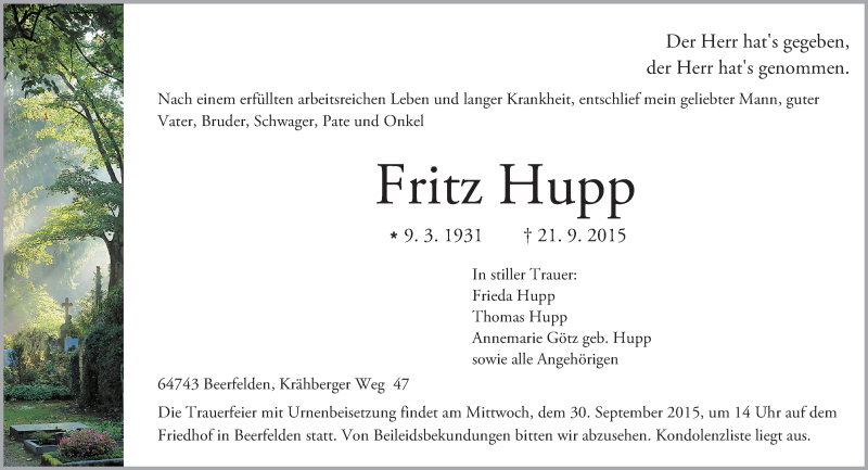  Traueranzeige für Fritz Hupp vom 25.09.2015 aus trauer.echo-online.de