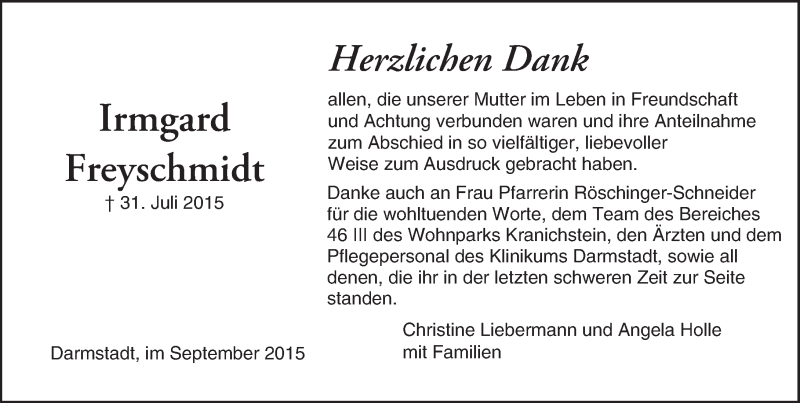  Traueranzeige für Irmgard Freyschmidt vom 26.09.2015 aus trauer.echo-online.de