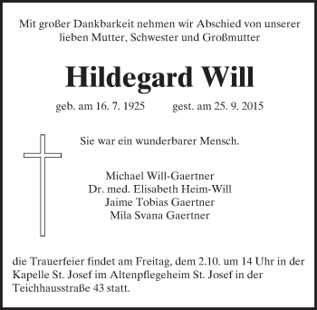 Traueranzeige von Hildegard Will von trauer.echo-online.de