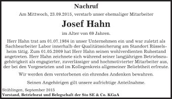 Traueranzeige von Josef Hahn von trauer.echo-online.de