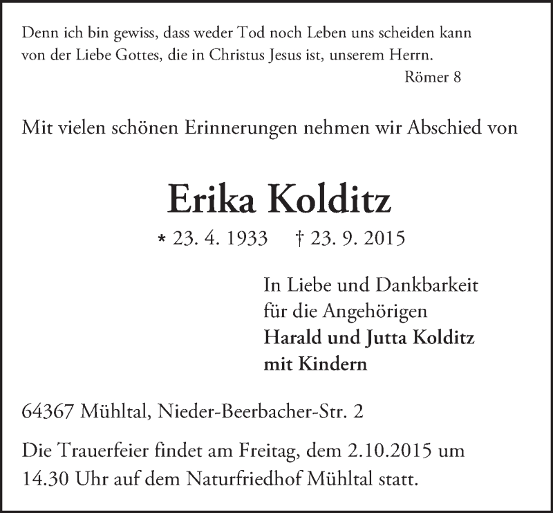  Traueranzeige für Erika Kolditz vom 26.09.2015 aus trauer.echo-online.de