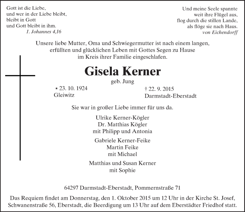  Traueranzeige für Gisela Kerner vom 26.09.2015 aus trauer.echo-online.de