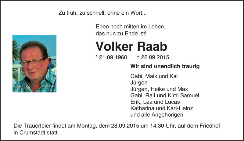  Traueranzeige für Volker Raab vom 26.09.2015 aus trauer.echo-online.de