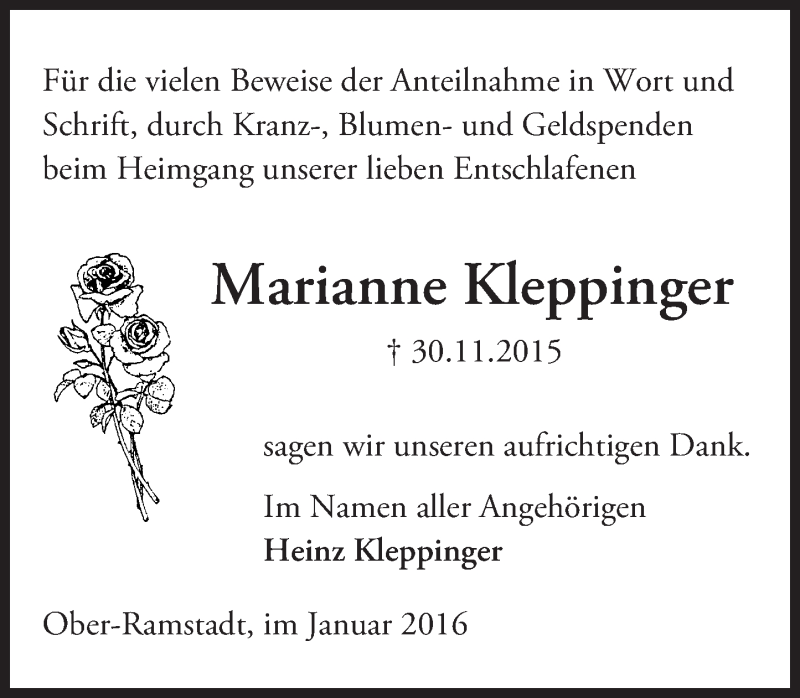  Traueranzeige für Marianne Kleppinger vom 16.01.2016 aus trauer.echo-online.de