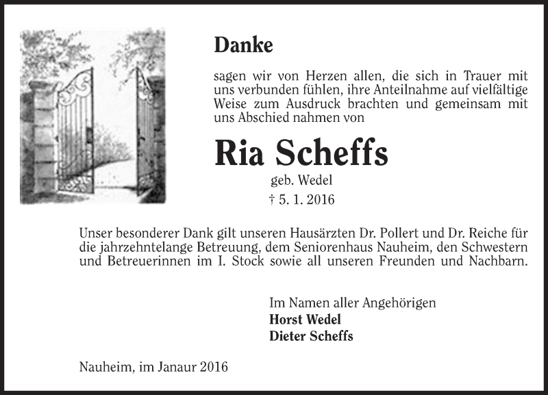  Traueranzeige für Ria Scheffs vom 30.01.2016 aus trauer.echo-online.de