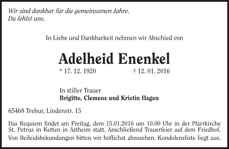  Traueranzeige für Adelheid Enenkel vom 14.01.2016 aus trauer.echo-online.de