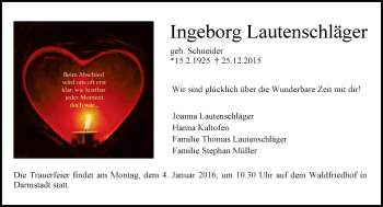 Traueranzeige von Ingeborg Lautenschläger von trauer.echo-online.de