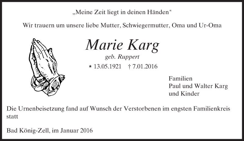  Traueranzeige für Marie Karg vom 23.01.2016 aus trauer.echo-online.de