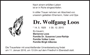 Traueranzeige von Wolfgang Loos von trauer.echo-online.de