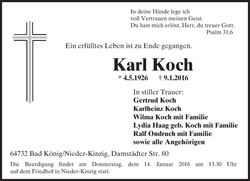  Traueranzeige für Karl Koch vom 12.01.2016 aus trauer.echo-online.de