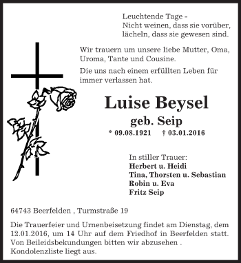 Traueranzeige von Luise Beysel von trauer.echo-online.de