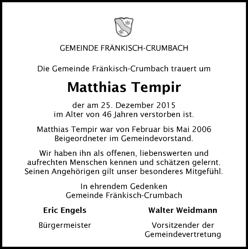  Traueranzeige für Matthias Tempir vom 16.01.2016 aus trauer.echo-online.de