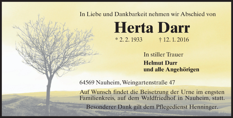  Traueranzeige für Herta Darr vom 16.01.2016 aus trauer.echo-online.de