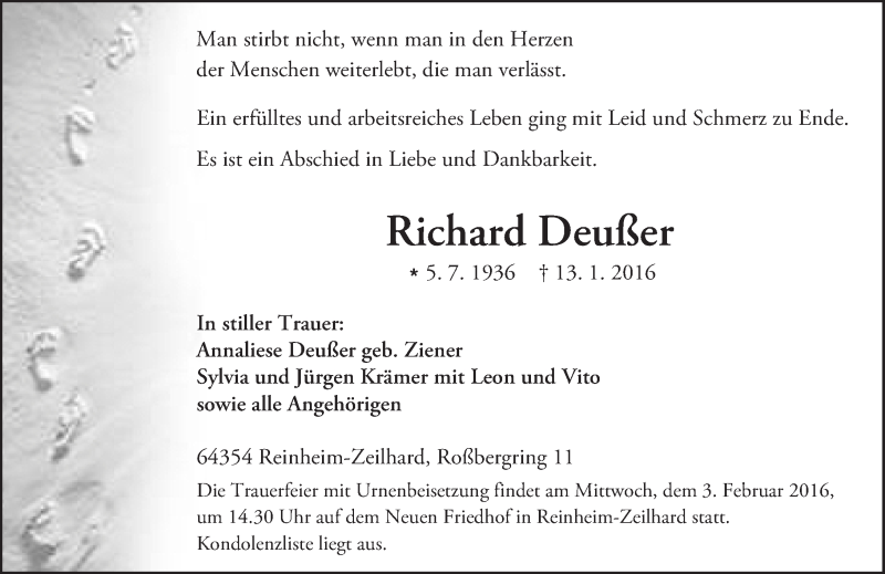  Traueranzeige für Richard Deußer vom 30.01.2016 aus trauer.echo-online.de