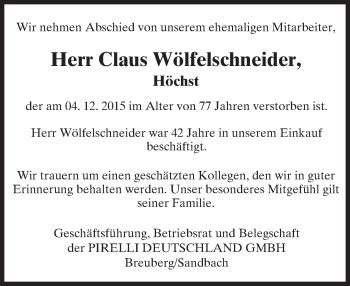 Traueranzeige von Claus Wölfelschneider von trauer.echo-online.de