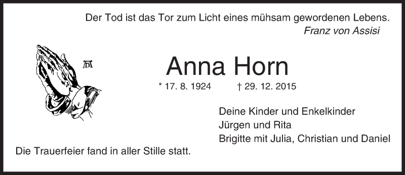  Traueranzeige für Anna Horn vom 16.01.2016 aus trauer.echo-online.de