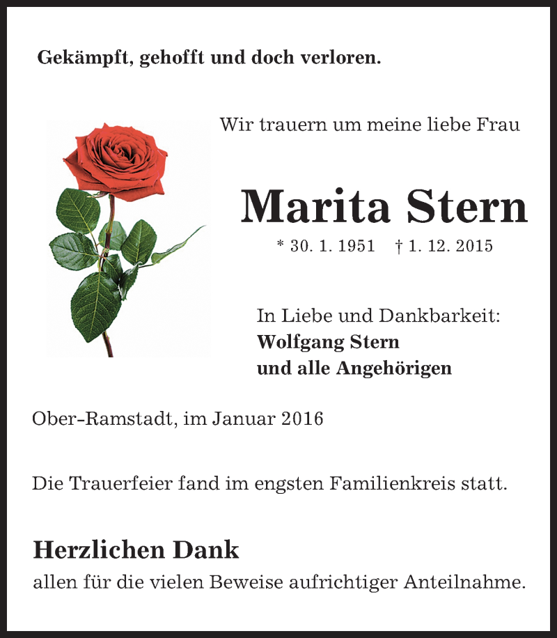  Traueranzeige für Marita Stern vom 09.01.2016 aus trauer.echo-online.de