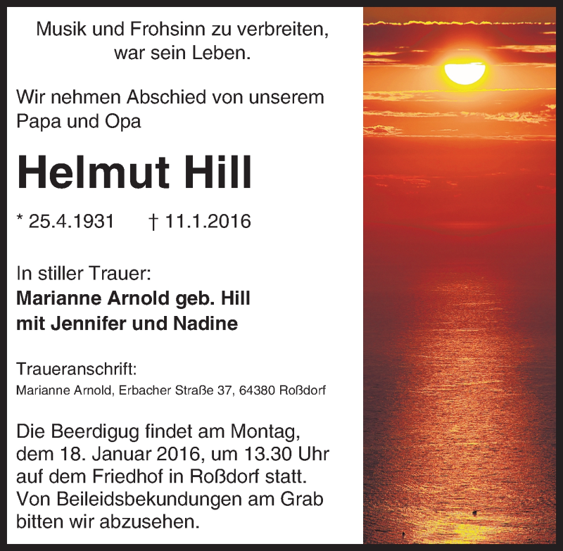  Traueranzeige für Helmut Hill vom 15.01.2016 aus trauer.echo-online.de