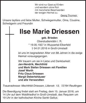 Traueranzeige von Ilse Marie Driessen von trauer.echo-online.de