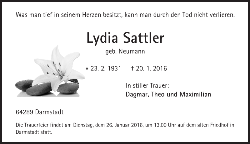  Traueranzeige für Lydia Sattler vom 23.01.2016 aus trauer.echo-online.de