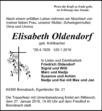 Traueranzeige von Elisabeth Oldendorf von trauer.echo-online.de