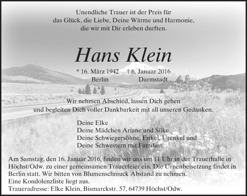  Traueranzeige für Hans Klein vom 13.01.2016 aus trauer.echo-online.de