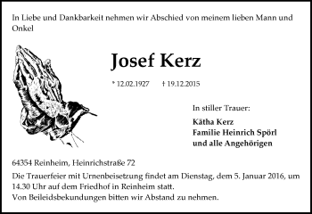 Traueranzeige von Josef Kerz von trauer.echo-online.de