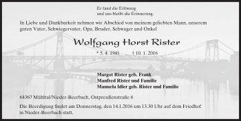 Traueranzeige von Wolfgang Horst Rister von trauer.echo-online.de